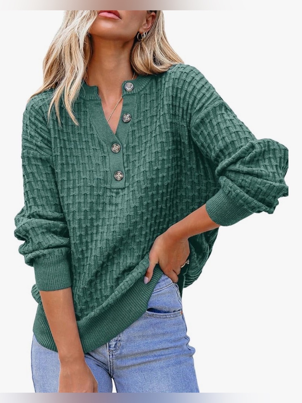 Button-Front Textured Crew Sweater in Teal Green - Women - Picture 1 of 8